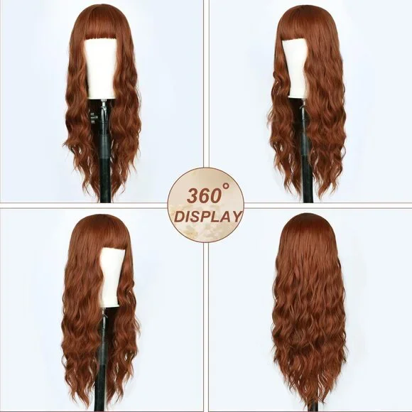 [26 INCHES] Auburn Long Wavy Wig with Bangs - Picture 4 of 9